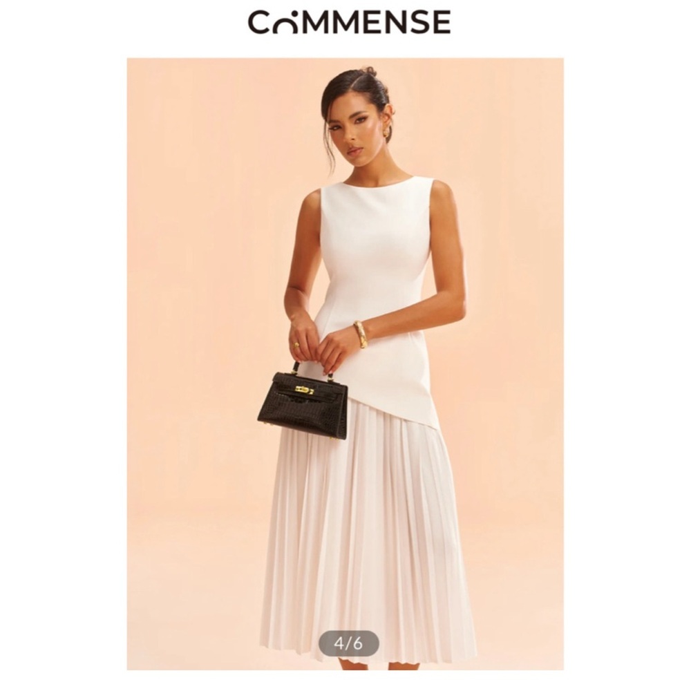 NWT COMMENSE White Sleeveless Asymmetric Pleated Midi Dress S - Picture 3 of 3